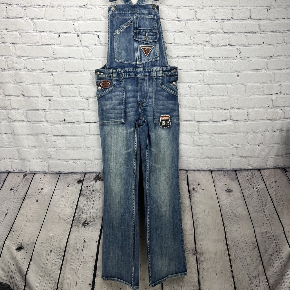 Harley Davidson Overalls Y2K Flare Leg Women's Sz 6 Patches Faded Logo Authentic - Picture 3 of 16